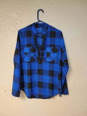 Women's Size Large Blue & Black Plaid Shirt 3/4 Drawstring.